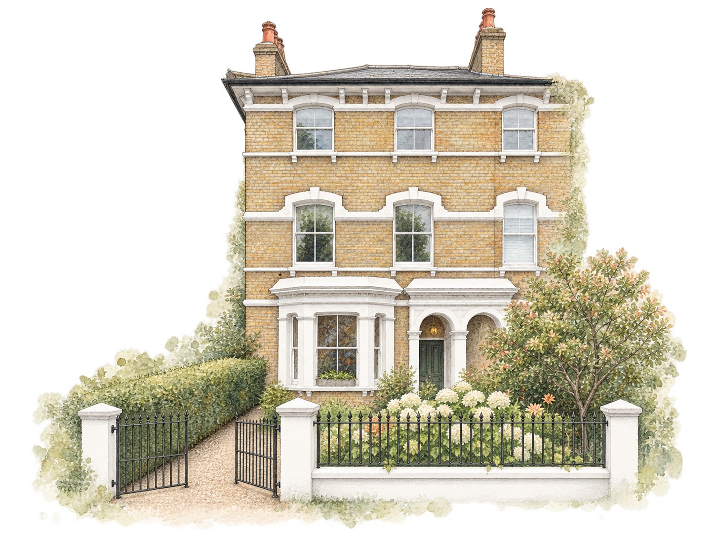 Watercolour illustration of the former Richard Kanani & Co. offices in Hampton Hill